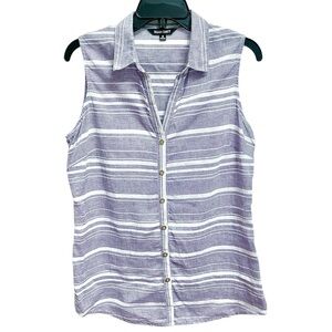 Ellen Tracy 100% Linen Stripped Button Top Women's Blue White Casual Beach M